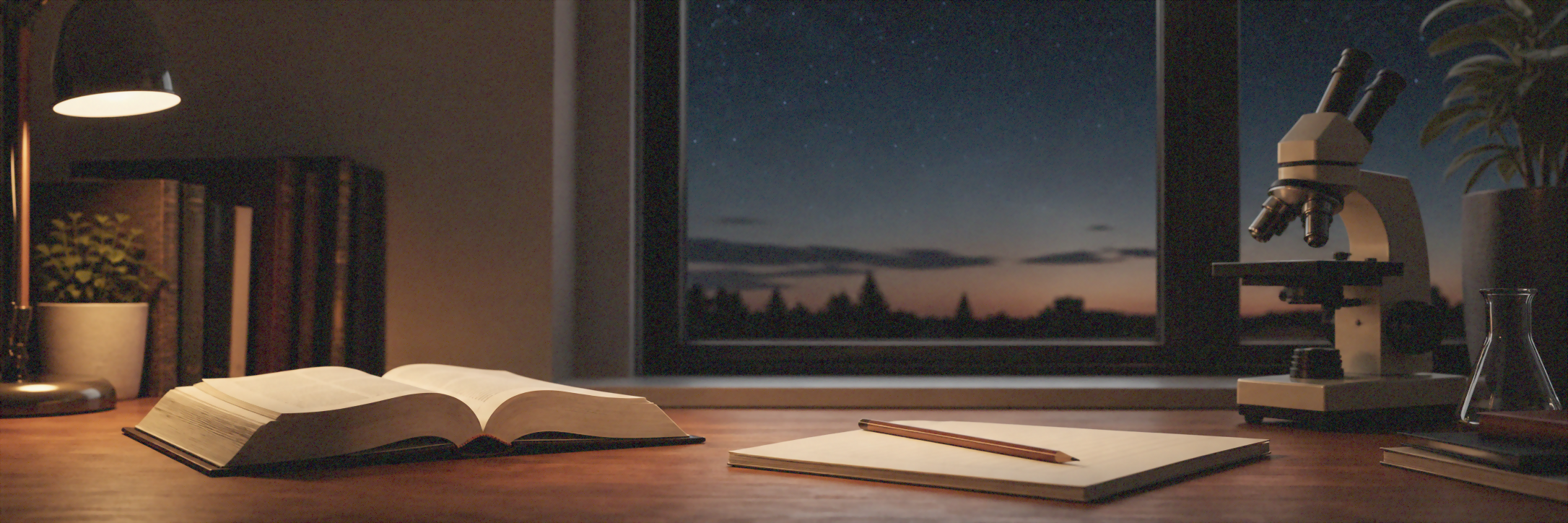 Mesa universitária com Bíblia, caderno, microscópio e céu estrelado