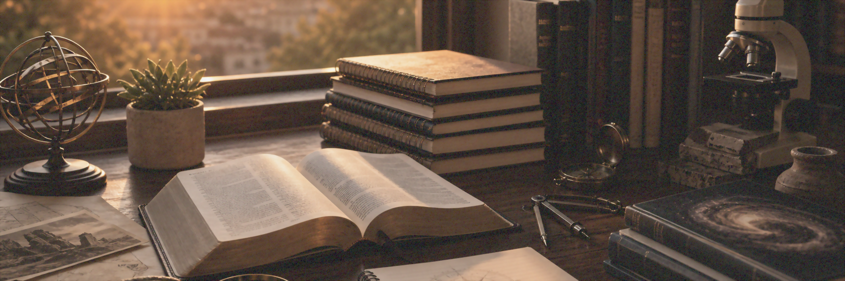 Mesa com Bíblia, cadernos das lições, livros de ciência e história, e luz do amanhecer simbolizando síntese