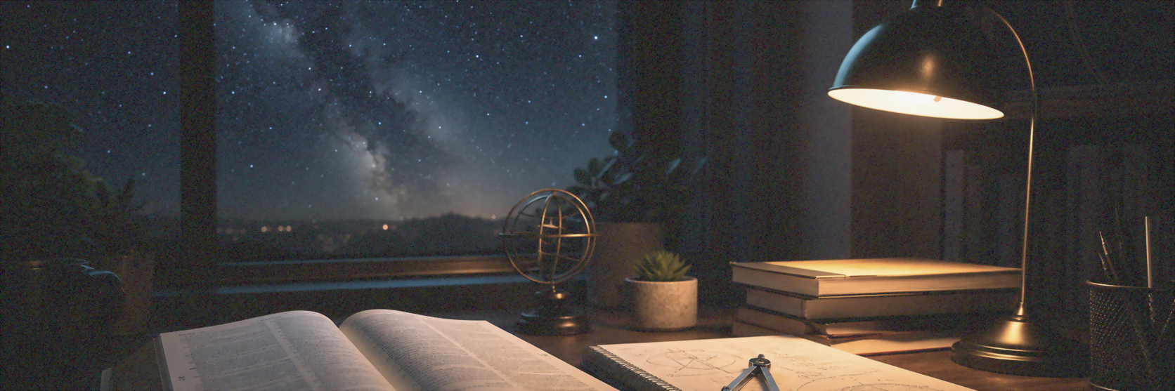 Mesa de estudos com Bíblia aberta, caderno, compasso e céu estrelado ao fundo