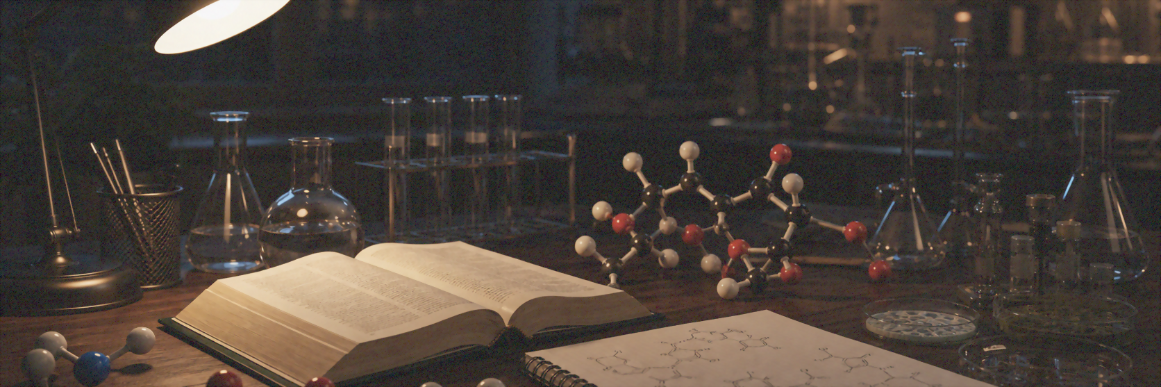 Mesa de laboratório universitário com Bíblia, modelos moleculares, frascos e anotações sobre origem da vida