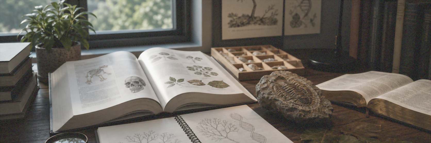 Mesa de estudo com livro de biologia, fóssil, folhas, DNA desenhado em caderno e Bíblia discreta ao lado