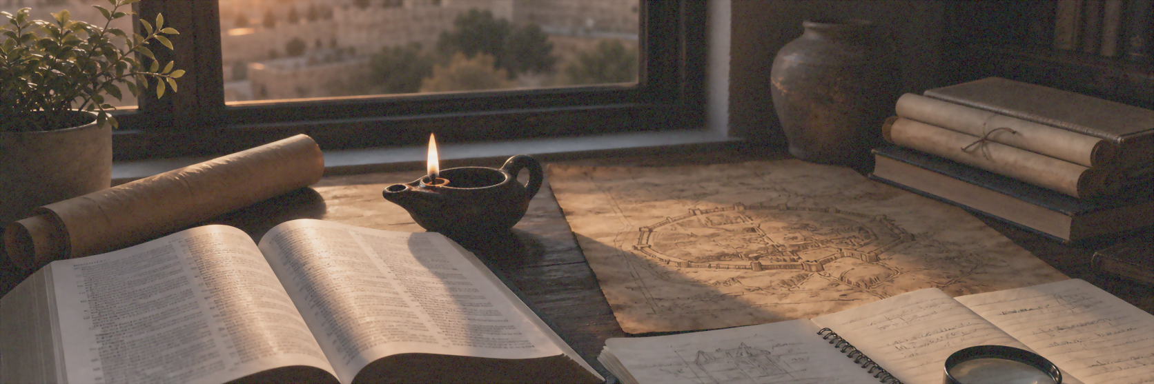 Mesa de estudos com Evangelho aberto, mapa de Jerusalém antiga e luz da manhã entrando pela janela