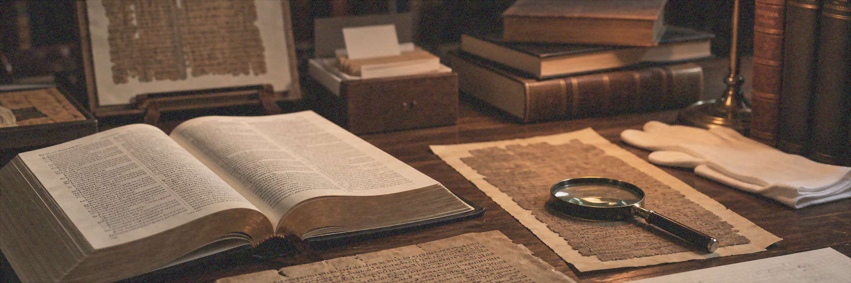 Mesa com Bíblia antiga, manuscritos, lupa, notas acadêmicas e iluminação quente de biblioteca
