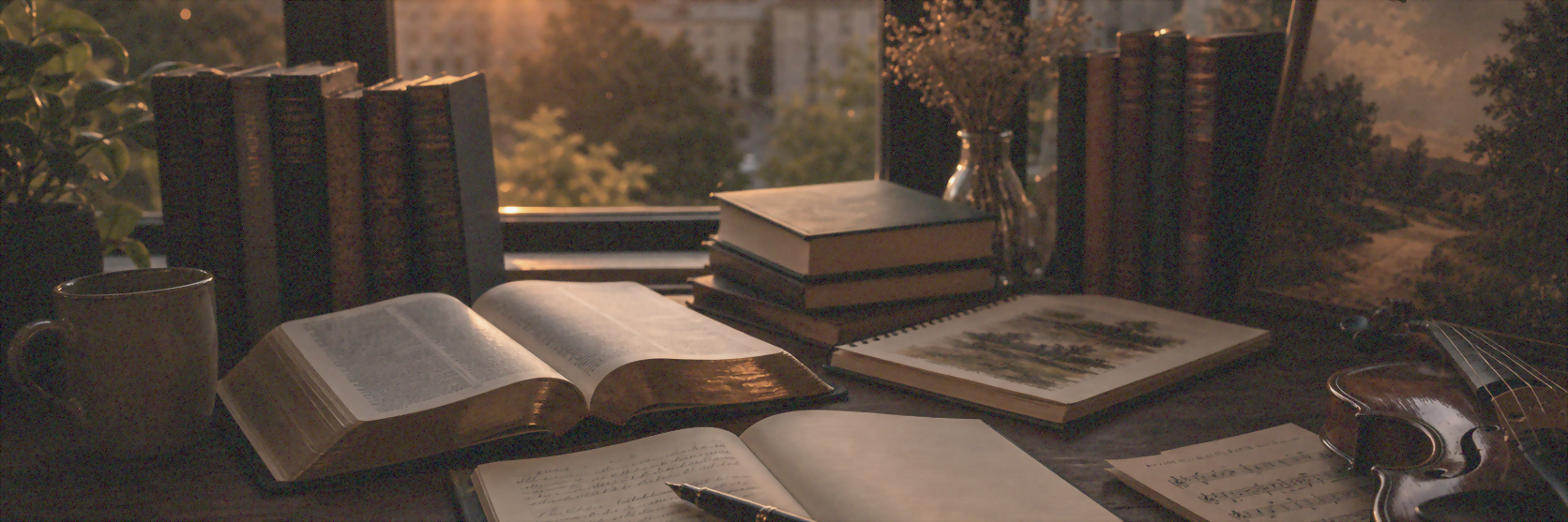 Mesa universitária com livros de literatura, violino, caderno, luz dourada e céu ao entardecer pela janela